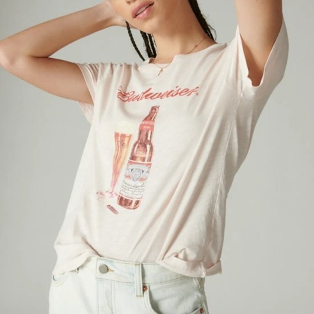 Lucky Brand Budweiser Bottle & Glass T-Shirt Graphic Tee Top White Size Medium